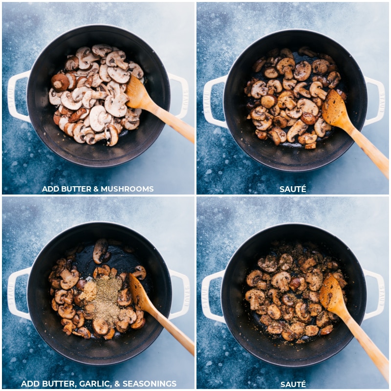 Process shots of creamy sausage and mushroom rigatoni--Cooking the mushrooms in butter; add butter, garlic and seasonings; continue to cook.