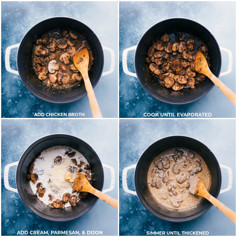 Process shots-- add chicken broth to the mushrooms; cook until evaporated; add cream, Parmesan and Dijon; simmer until thickened.