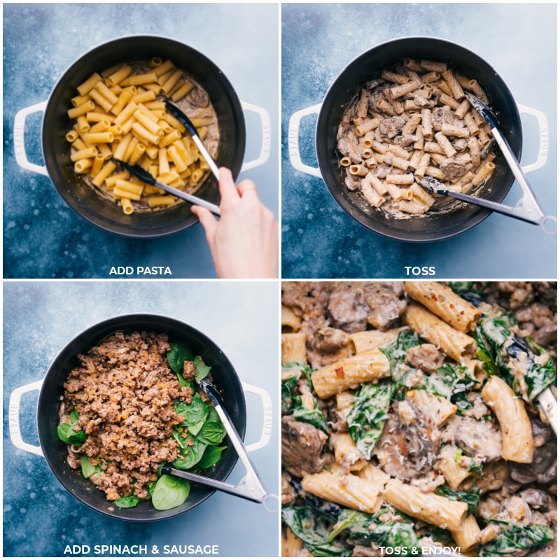 Process shots of the creamy sausage and mushroom rigatoni--add pasta to the pan and toss; add spinach and sausage; toss again.