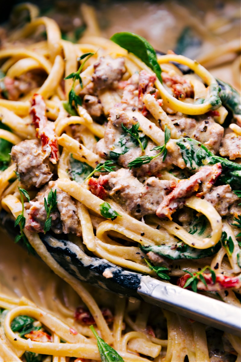 Up-close overhead image of the Creamy Sausage Pasta in a pot