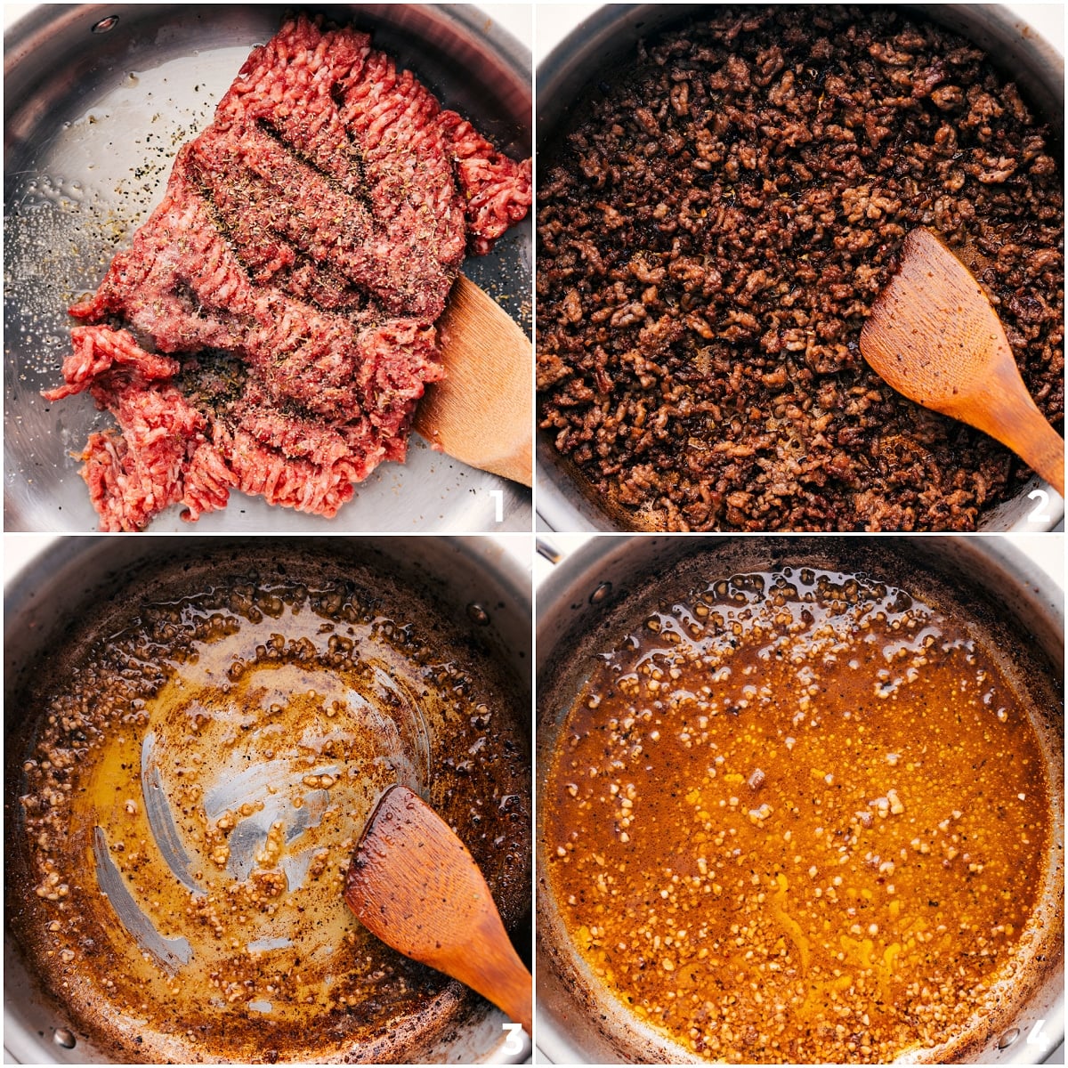 Sausage browned and removed from the skillet, then broth stirred with seasonings for creamy sausage pasta.