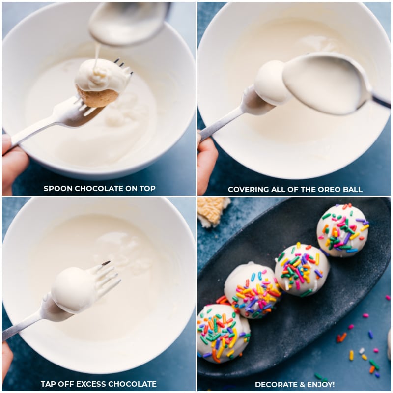 Process shots-- images of the treat being dipped in white chocolate