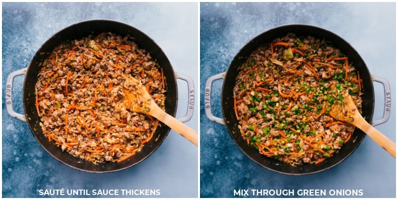 Process shots--cook the sauce until thickened; mix in the green onions.