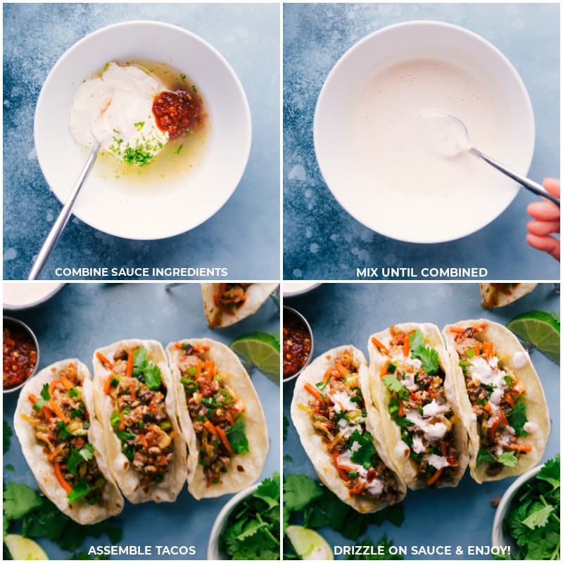 Process shots of Asian Pork Tacos: combining sauce ingredients; mixing to combine; assemble tacos; drizzle sauce on tacos.