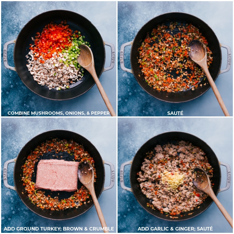 Process shots-- images of the veggies being sautéed; the ground turkey being cooked; garlic and ginger being added