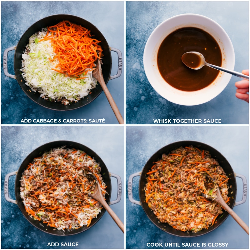 Process shots of Ground Turkey Bowls-- images of the cabbage and carrots being added and cooked; the sauce being whisked together; everything being cooked together