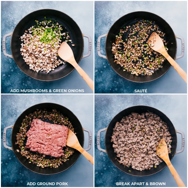 Process shots-- browning mushrooms and green onions; adding in the ground pork; continuing to brown the mixture.