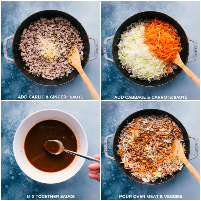 Process shots-- images of the garlic, ginger, cabbage, and carrots being added to a pan and cooking; the sauce being mixed together; adding the sauce to the pan.