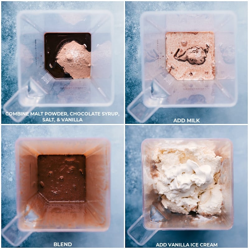 Process shots of Malted Milkshake-- all the ingredients being added to a blender