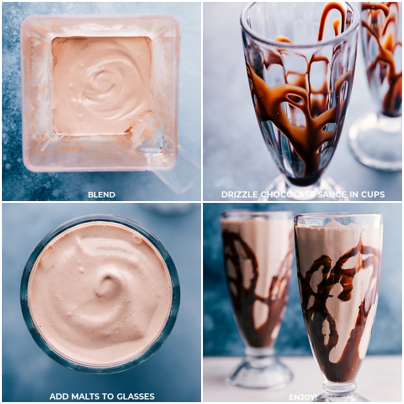 Process shots-- all the ingredients being blended together and being poured into a chocolate-drizzled cup