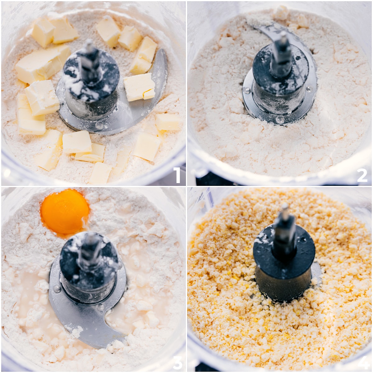 Pie crust dough being made by blending flour and butter, then adding egg yolk and powdered sugar, followed by water to form a thick dough.