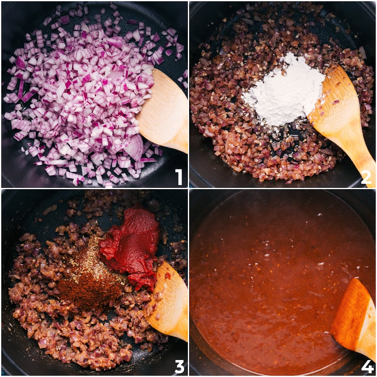 How To Make This Mexican Pozole Recipe Onions sautéing in a pan with flour, seasonings, and tomato paste mixed in, then everything cooked together before adding broth for this pozole recipe.