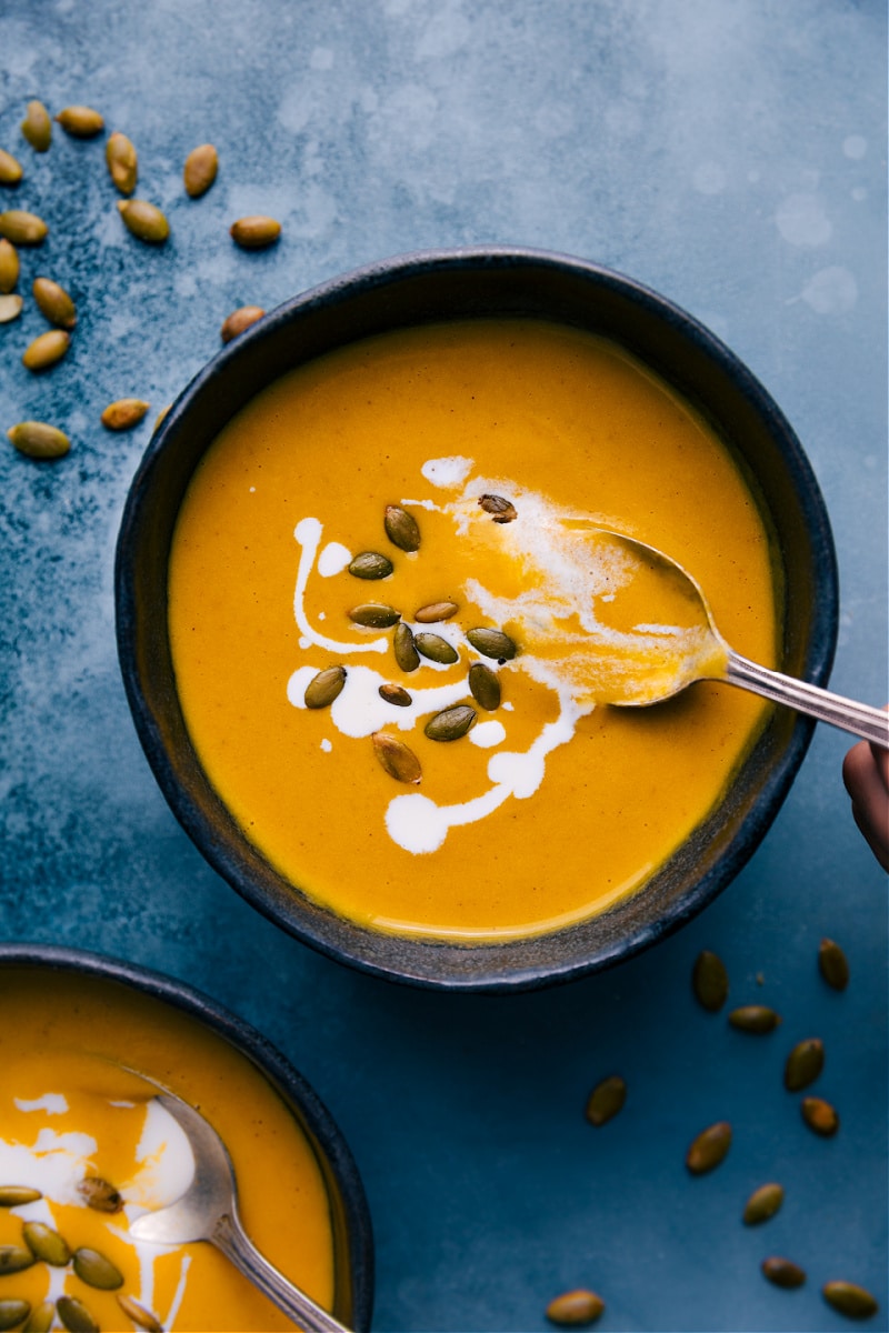 Overhead image of Pumpkin Soup in a bowl