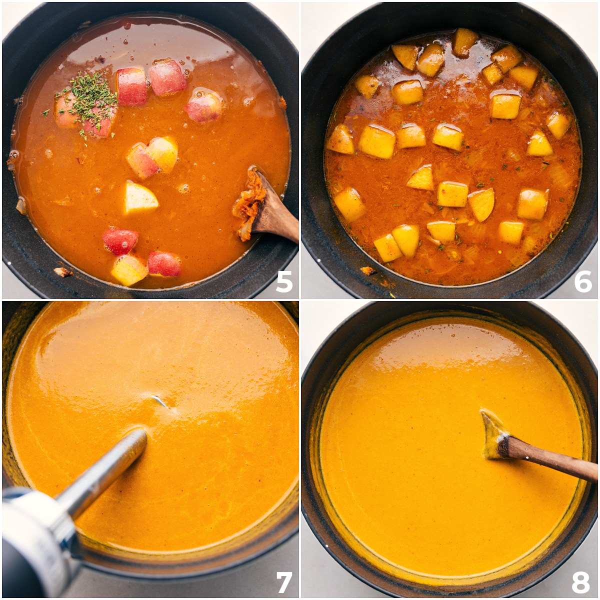 Add the stock and fresh herbs to the pot, then blend everything until smooth.