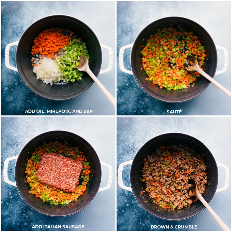 Process shots-- images of the oil, mirepoix, and sausage being added to a pot and cooked