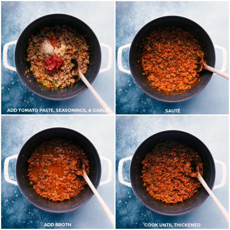 Process shots of Sausage Rigatoni-- images of the tomato paste, seasonings, garlic, and broth being added and all cooked together