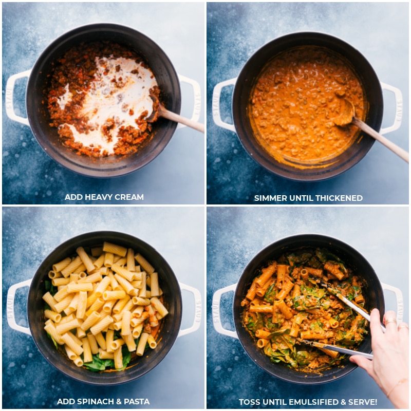 Process shots-- images of the heavy cream, spinach, and pasta being added to a pot and all being mixed together