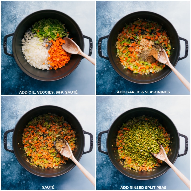 Process shots-- images of the veggies being sautéed and the split peas being added in