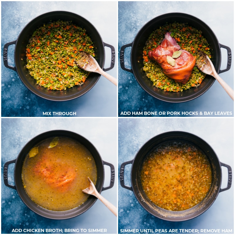 Process shots of Split Pea Soup--Adding the ham bone and bay leaves, chicken broth, and simmering it all together