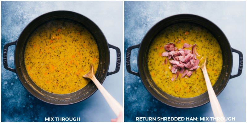 Process shots of Split Pea Soup-- adding the the shredded ham being added back into the soup