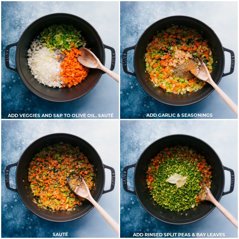 Process shots-- images of the veggies being sautéed and the split peas and bay leaves being added