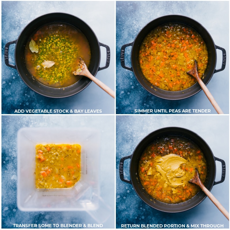 Process shots-- images of the vegetable stock being added and everything simmering. Then part of the soup being added to a blender and blended