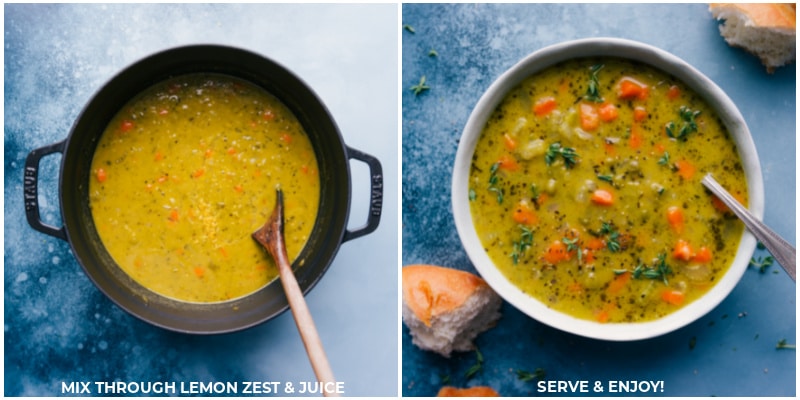 Process shots of Vegetarian Split Pea soup -- images of fresh lemon juice and zest being added and then it being served