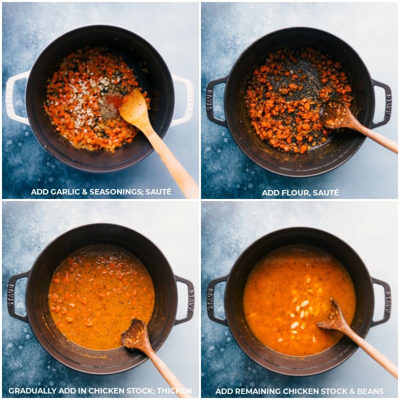 Hearty White Bean and Sausage Soup! Recipe via ChelseasMessyApron #dinner #quick #easy #simple #spinach #carrots #bread #comfortfood #kidfriendly #familyfriendly #whitebean #soup Process shots of this White B and Sausage Sean soup-- garlic, seasonings, flour, chicken stock, and beans being added to the pot