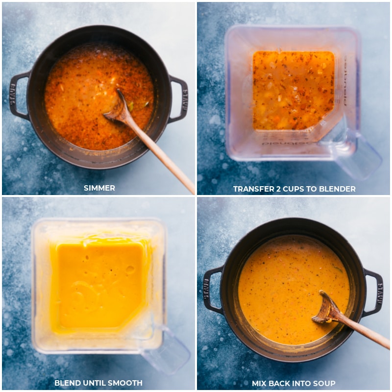 Process shots-- images of the soup simmering, being added to the blender, and then it all being poured back in a pot