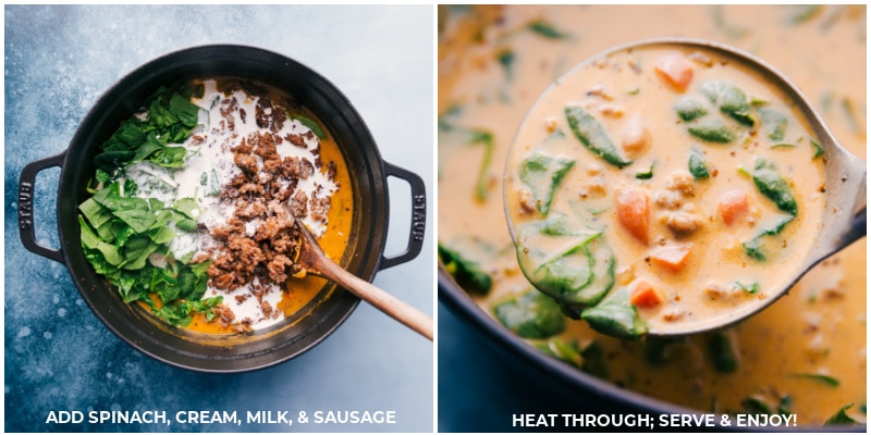 Process shots-- images of the White Bean and Sausage Soup in the pot with everything being mixed together