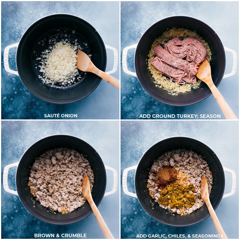 Process shots: Sautéing the onion and ground turkey and adding in seasonings.