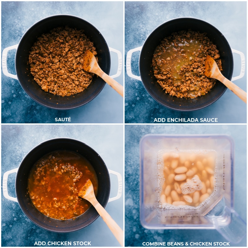 Process shots: Adding enchilada sauce and chicken stock; preparing to blend some of the beans to thicken the chili.