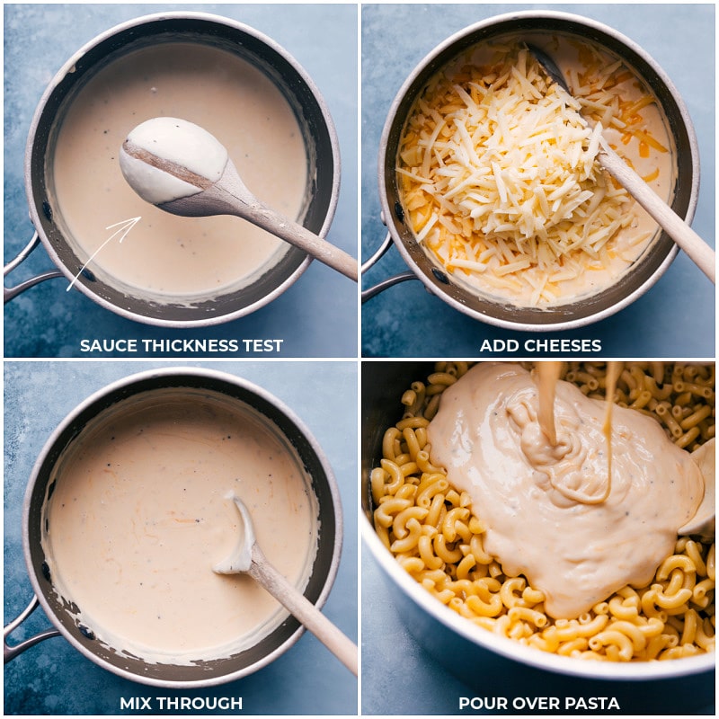 Process shots-- adding the cheese to the cream mixture and then pouring it over pasta