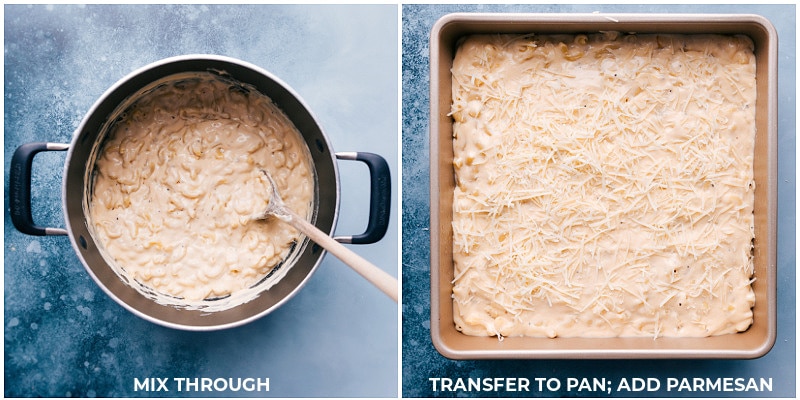 Process shots--mixing everything together and transferring it to the pan, where it is sprinkled with Parmesan cheese