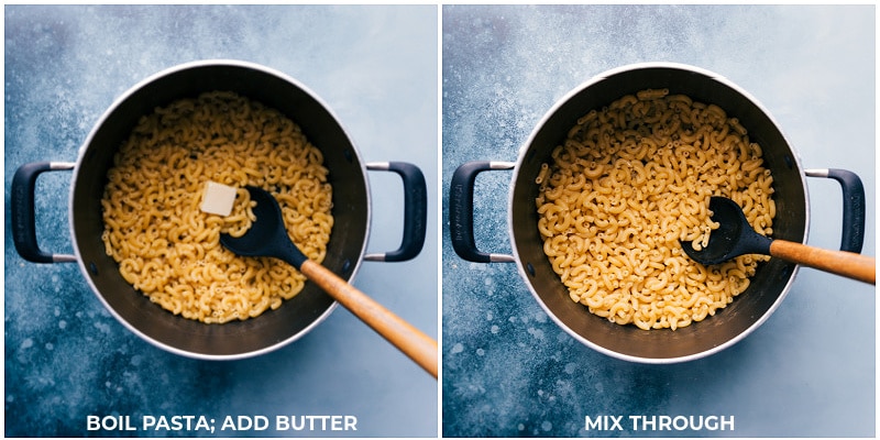 Process shots-- images of the pasta and butter being added to a pot