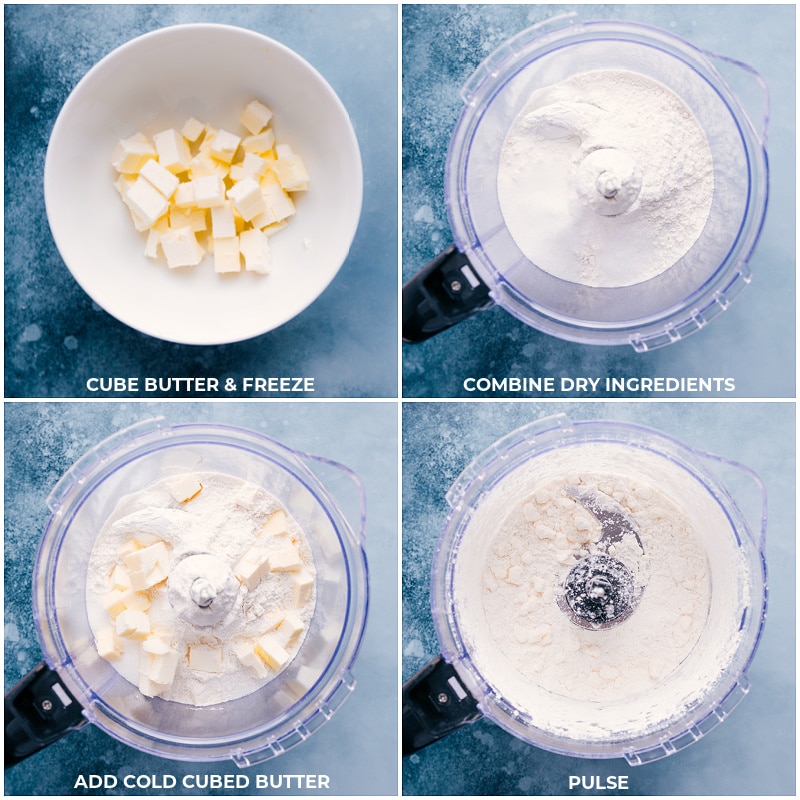 Process shots: freeze butter cubes; combine dry ingredients; add butter; pulse to combine.