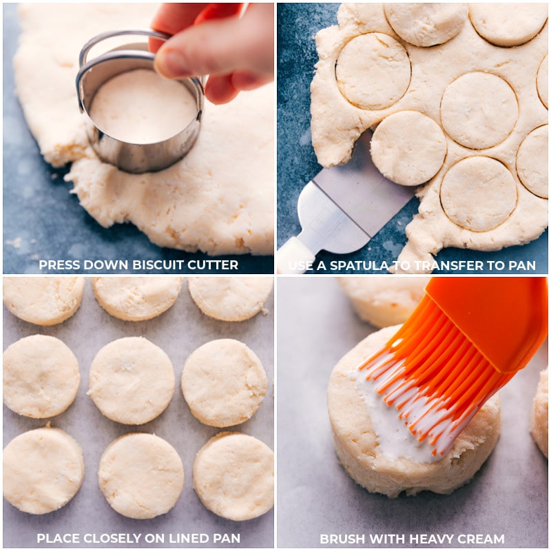 Process shots: Cut biscuits; transfer to the pan; brush with cream.