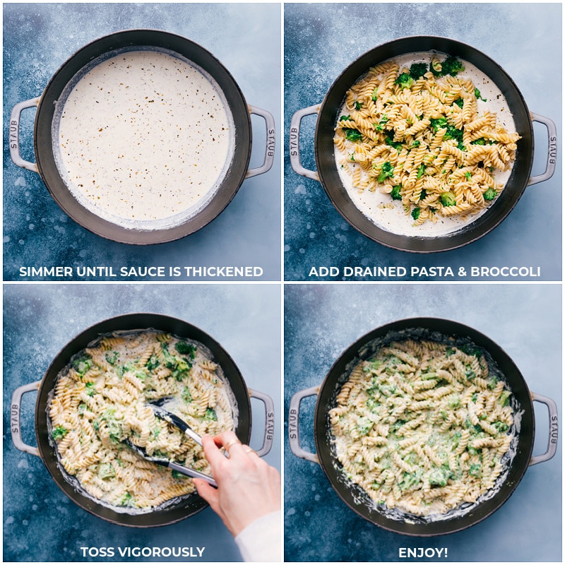 Process shots: simmer the sauce until thickened; add pasta and broccoli; toss vigorously; serve.