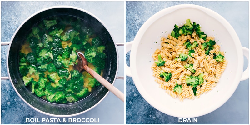 Process shots: boil pasta and broccoli; drain in a collander