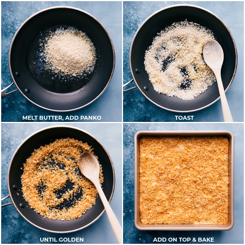 Process shots of Baked Mac and Cheese-- images of the Panko topping being toasted and added to the dish