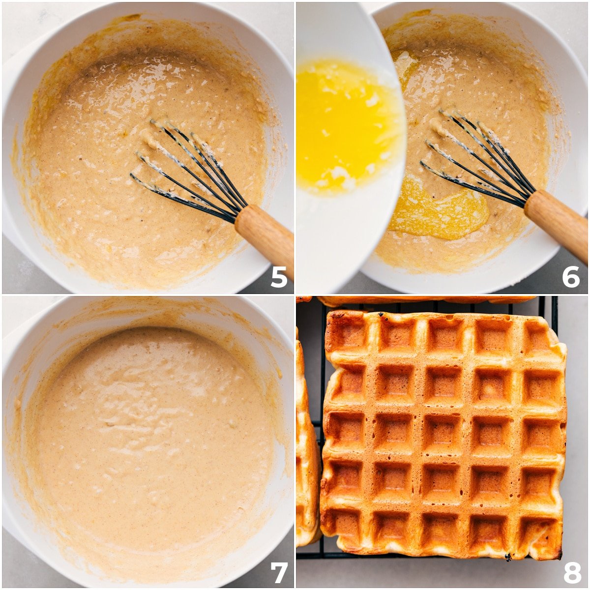 The butter being whisked into the batter and it being cooked.