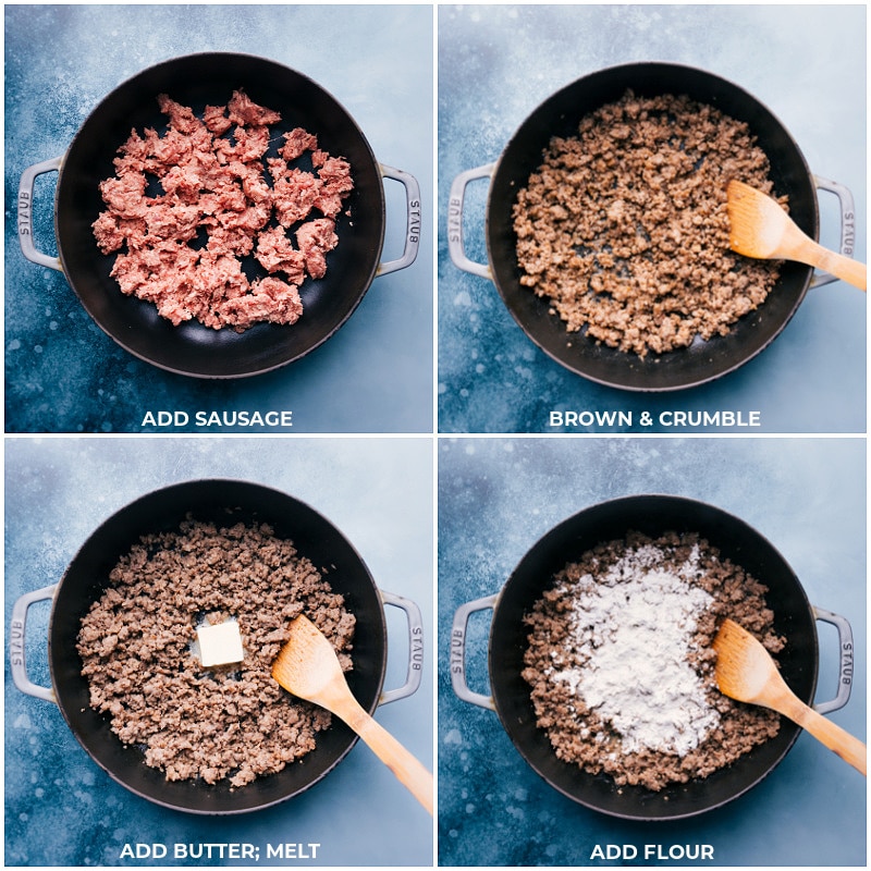 Process shots: brown and crumble sausage; add butter and melt; add flour to the pan.