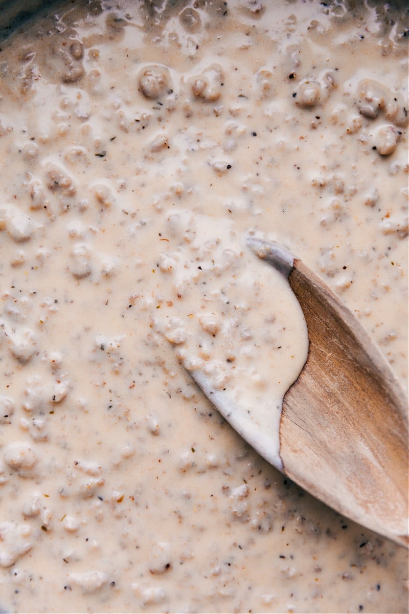 Overhead view of the sausage gravy in the pan.