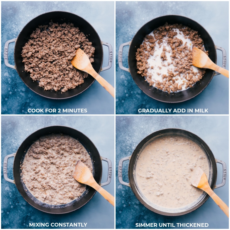 Process shots: Cook sausage and flour for 2 minutes; add in milk; mix constantly and simmer until thickened.