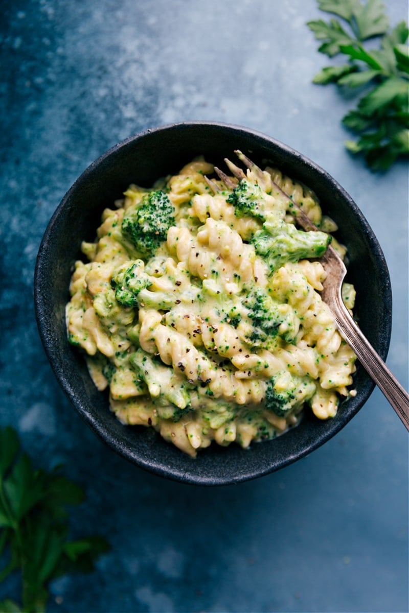 Broccoli Pasta in a bowl, with a fork at the side.