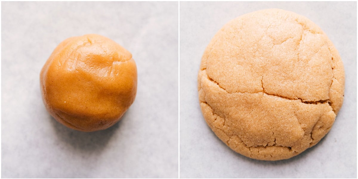 The chewy peanut butter cookies dough being rolled into a ball and then baked.