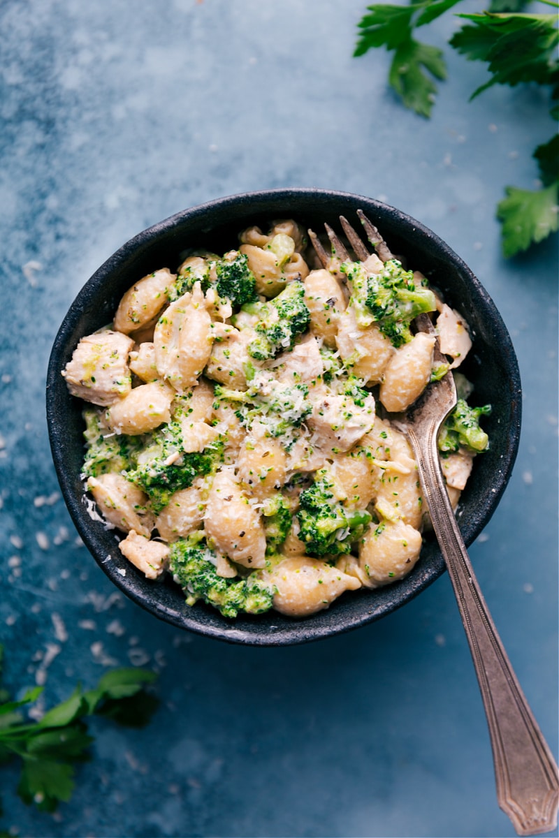 Overhead image of the Chicken and Broccoli Pasta in a bowl