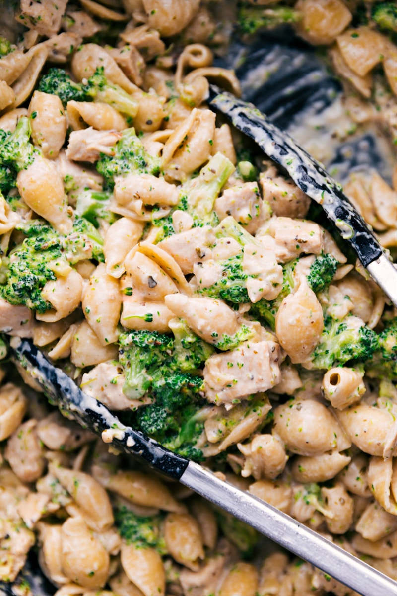 Overhead image of the Chicken and Broccoli Pasta in a pot ready to be eaten