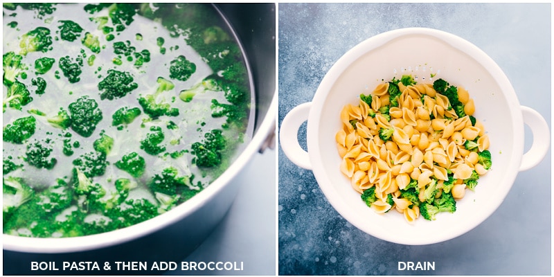 Process shots-- boil the pasta and the add in the broccoli to finish cooking; drain.