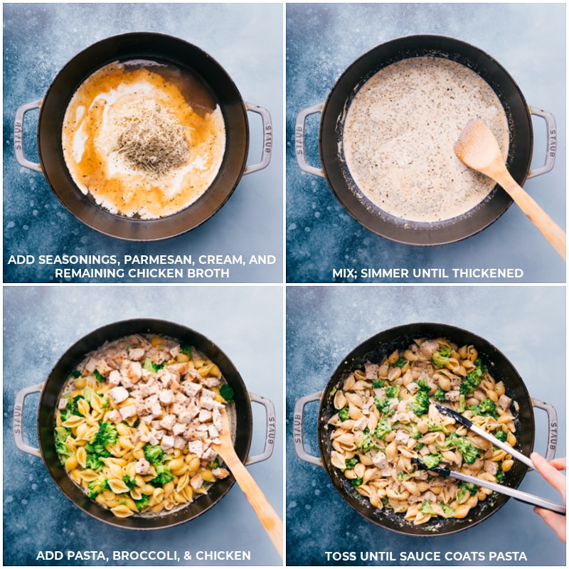 Process shots of chicken and broccoli pasta-- images of the seasonings, Parmesan cheese, cream, chicken broth, pasta, broccoli, and chicken all being added to the skillet